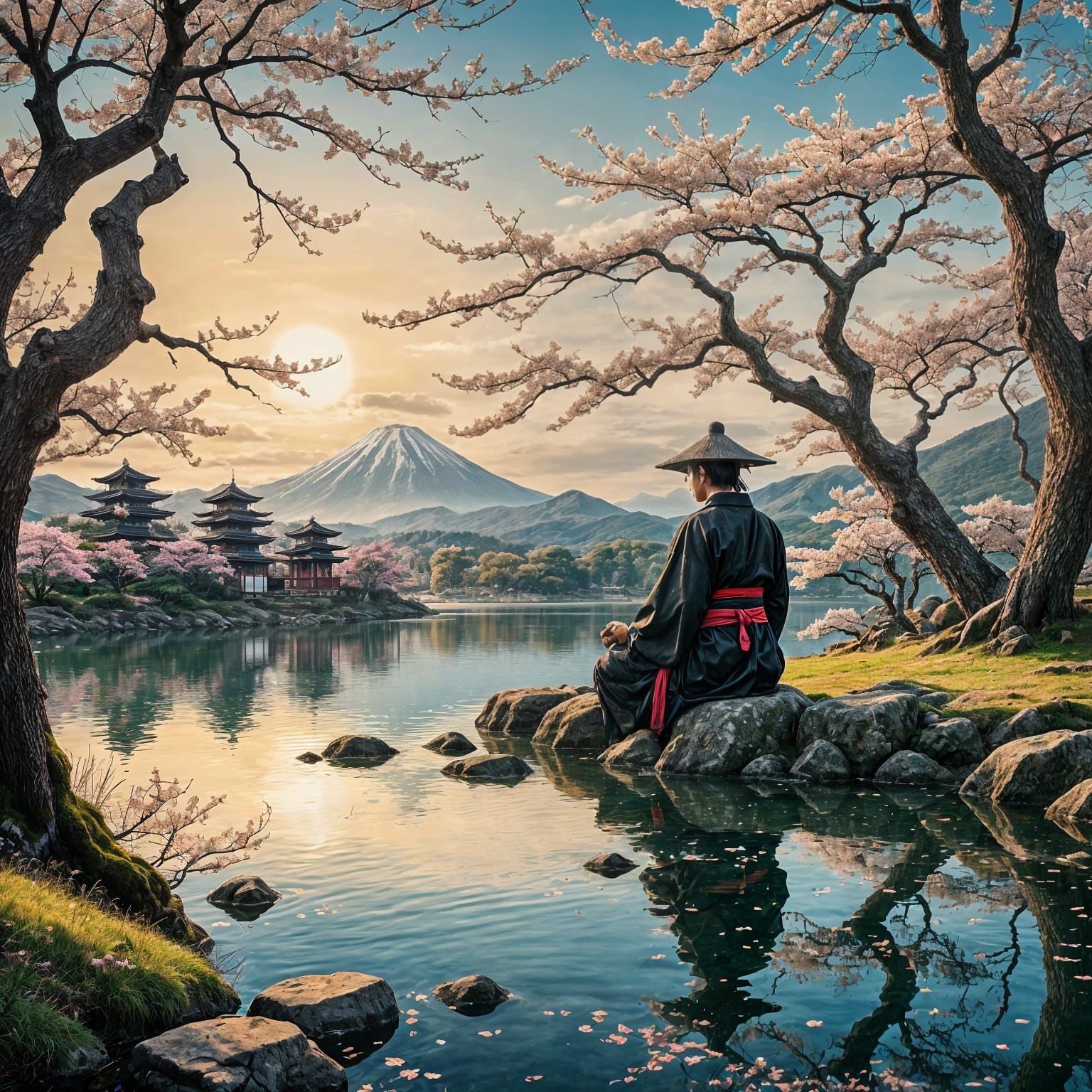 A Serene Sakura Scene in Traditional Japanese Style