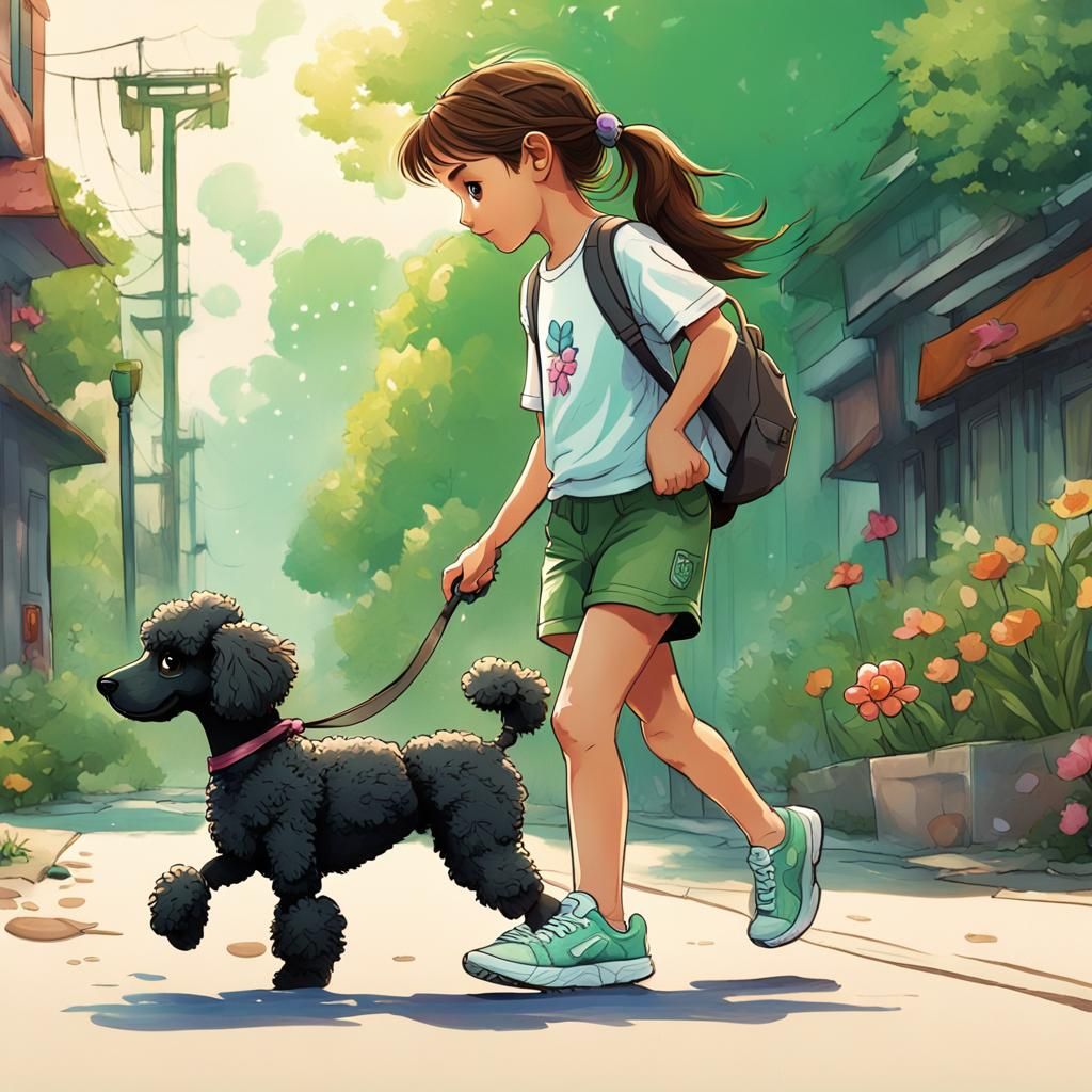 Cartoon Girl with Poodle in Pastel Colors