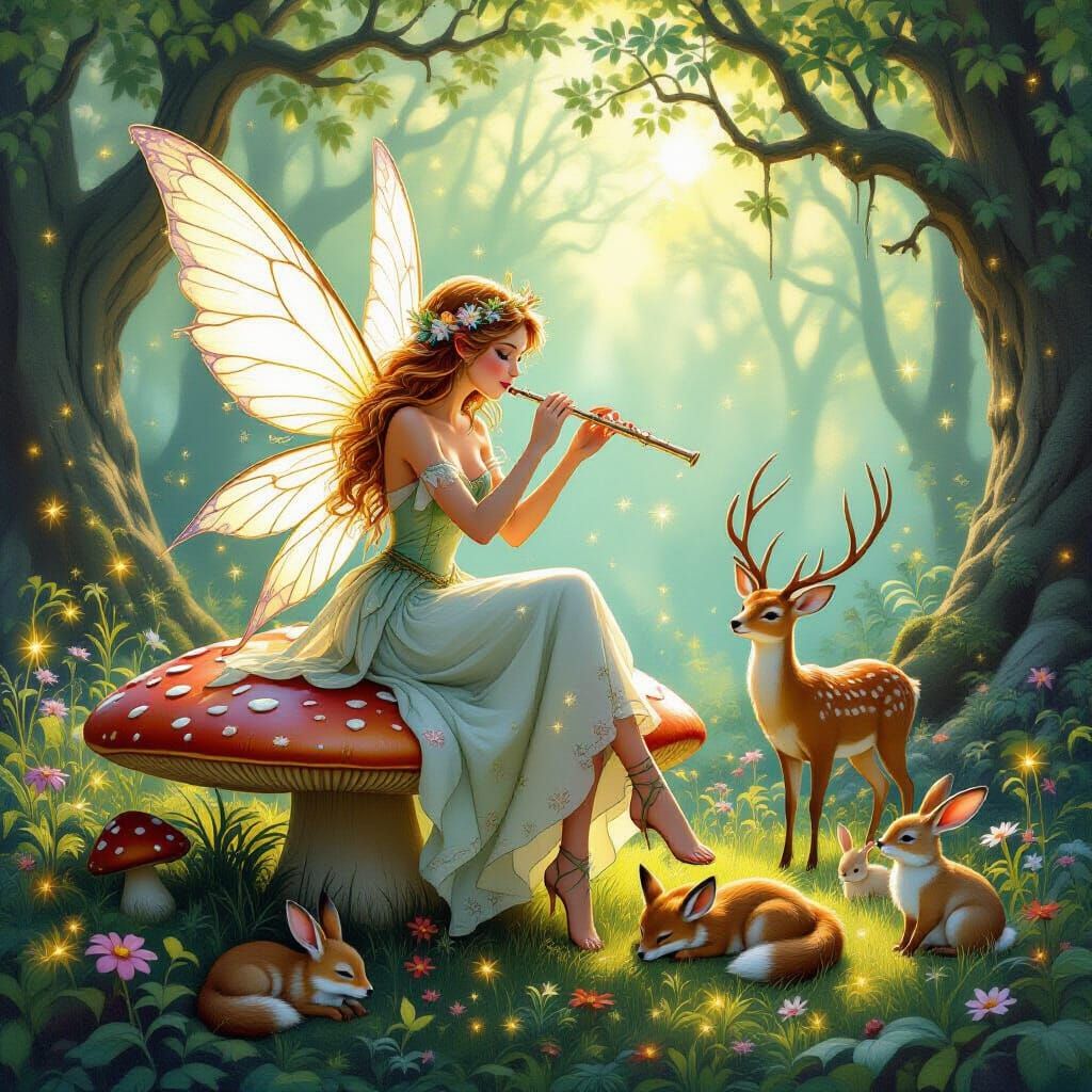 Enchanted Fairy Plays Flute in Forest Scene