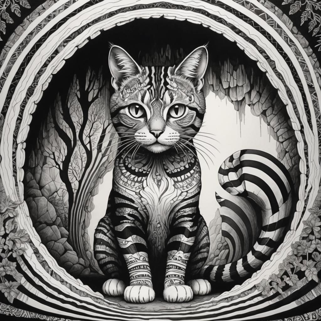 Striped Cat in Magical Cave: Zentangle Art