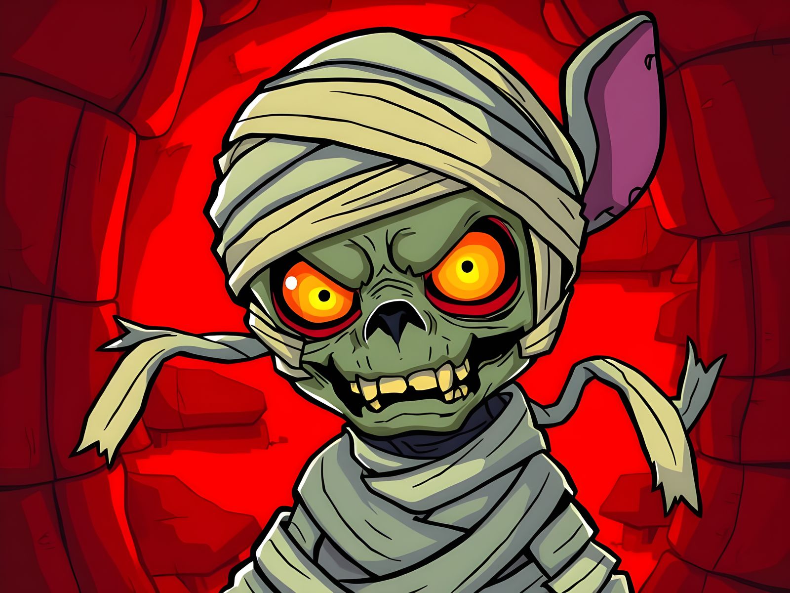 Cartoon Zombie Mummy Head on Red Background