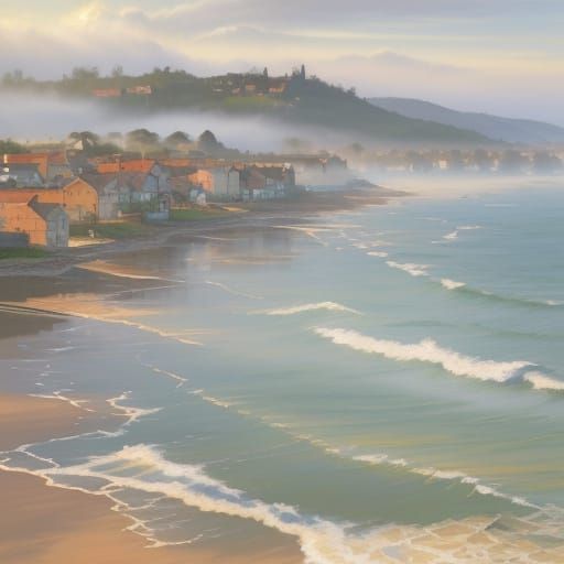 Impressionist Coastal Town in Golden Light