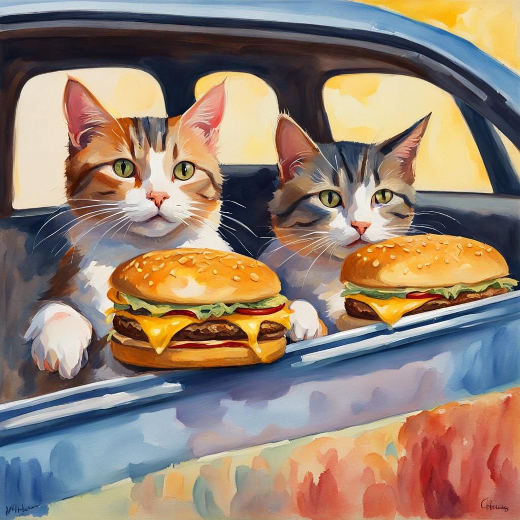 Cats Eating Cheeseburger: Gouache Watercolor Impressionist P...