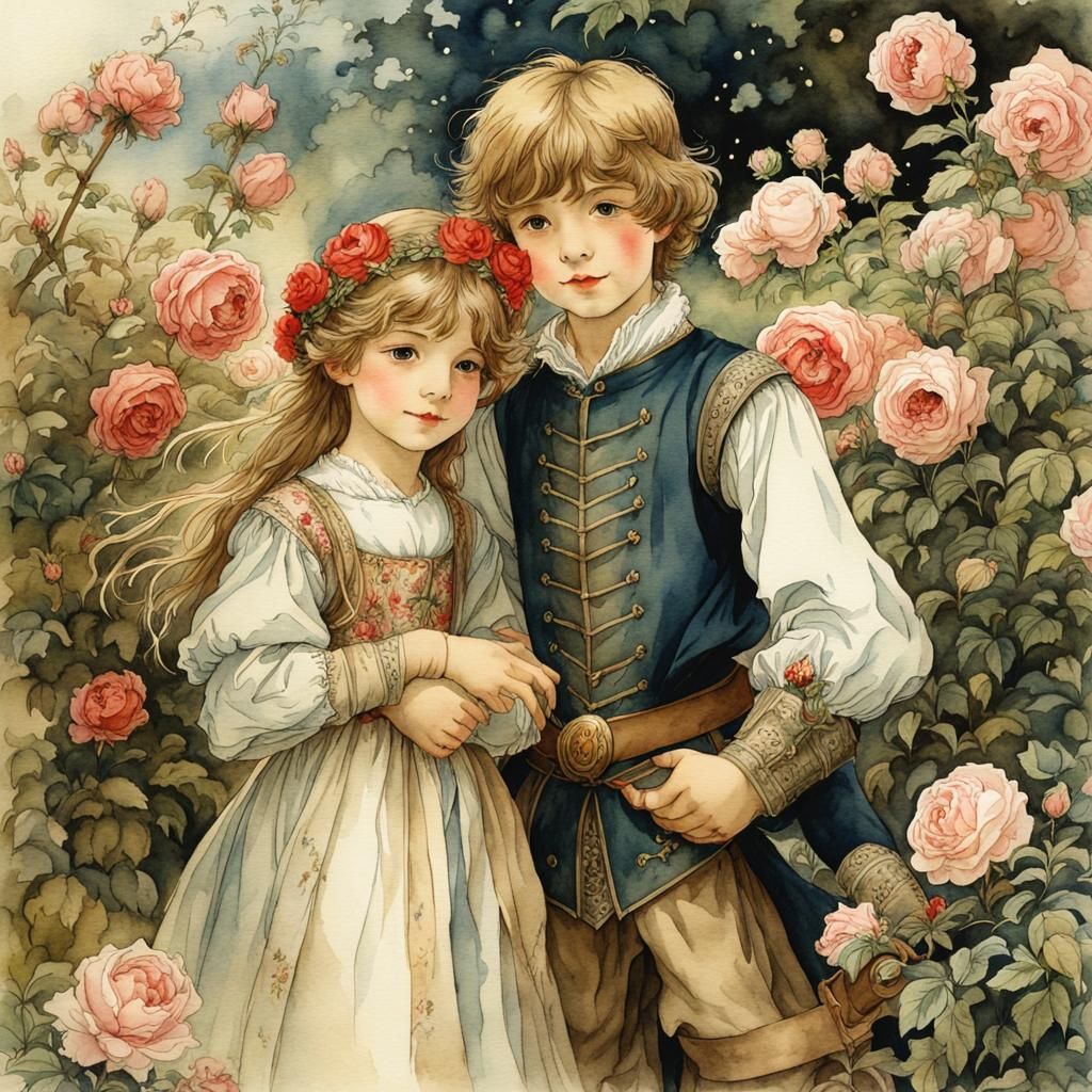 Medieval Children in Rose Garden Watercolor
