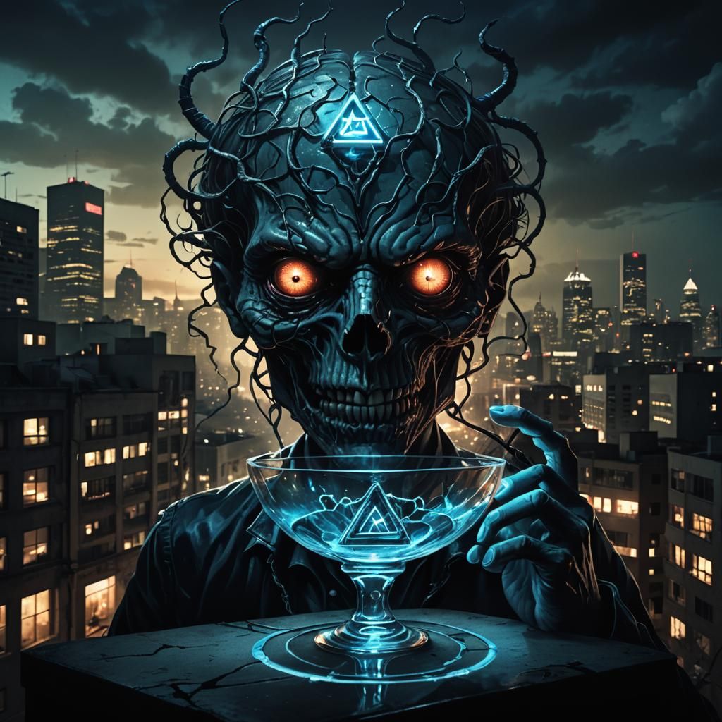 Demonic Grip in Dystopian Cityscape: Dark Fantasy Illustrati...