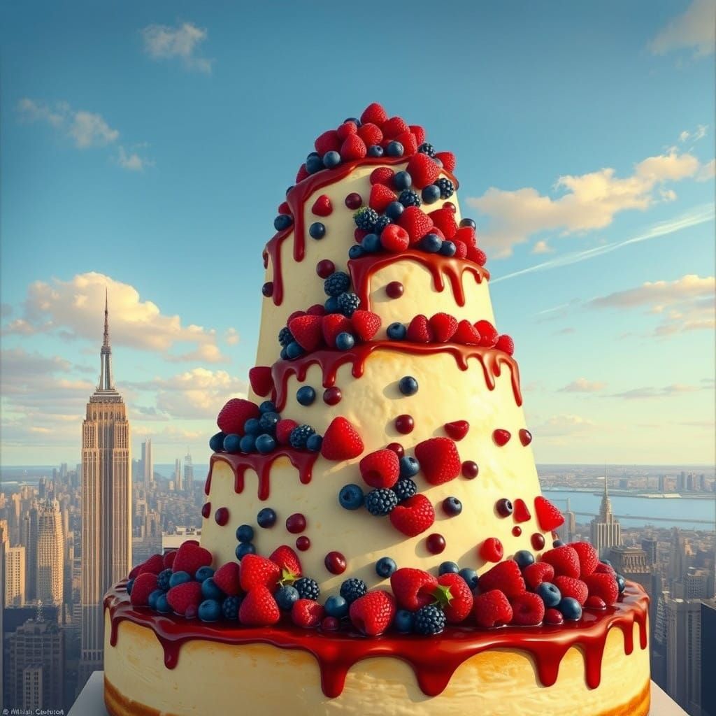 Giant Cheesecake in New York City Skyline at Sunset