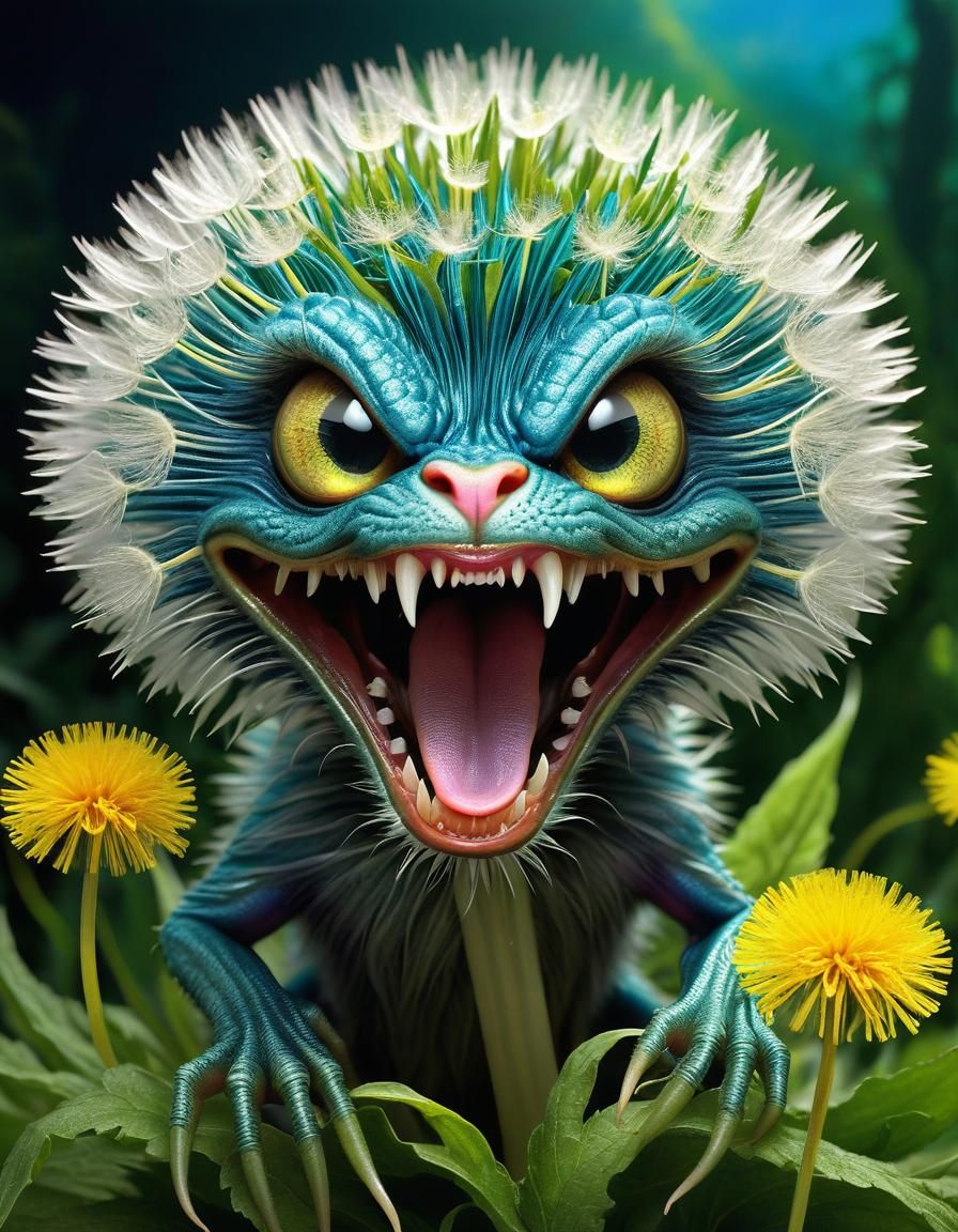 Dandelion Monster Army Overtaking Garden, Hyperrealistic Art