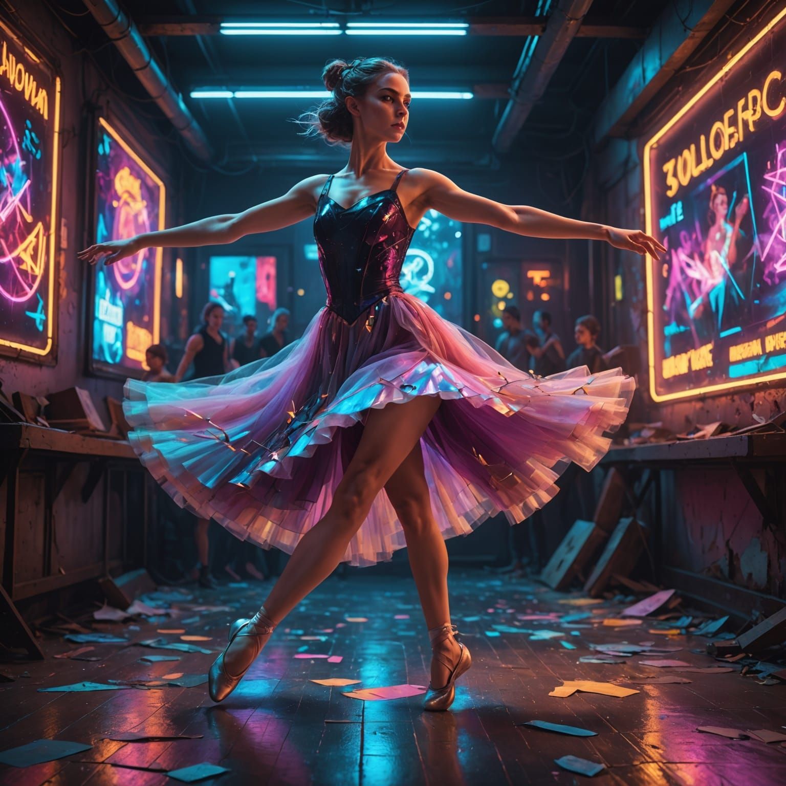 Balerina on Broken Stage Under Neon Lights