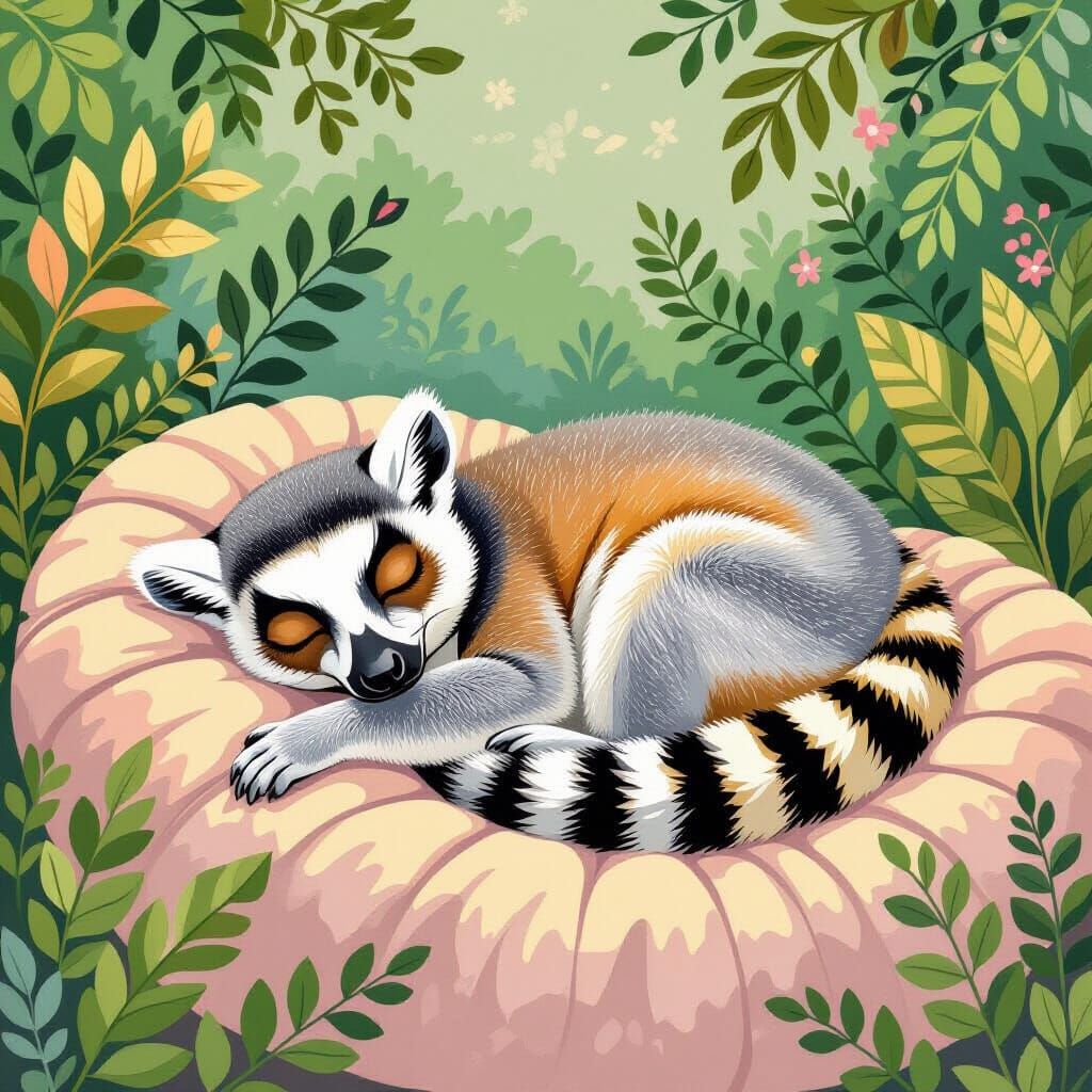 Ring-Tailed Lemur's Peaceful Nap, Illustrated Style