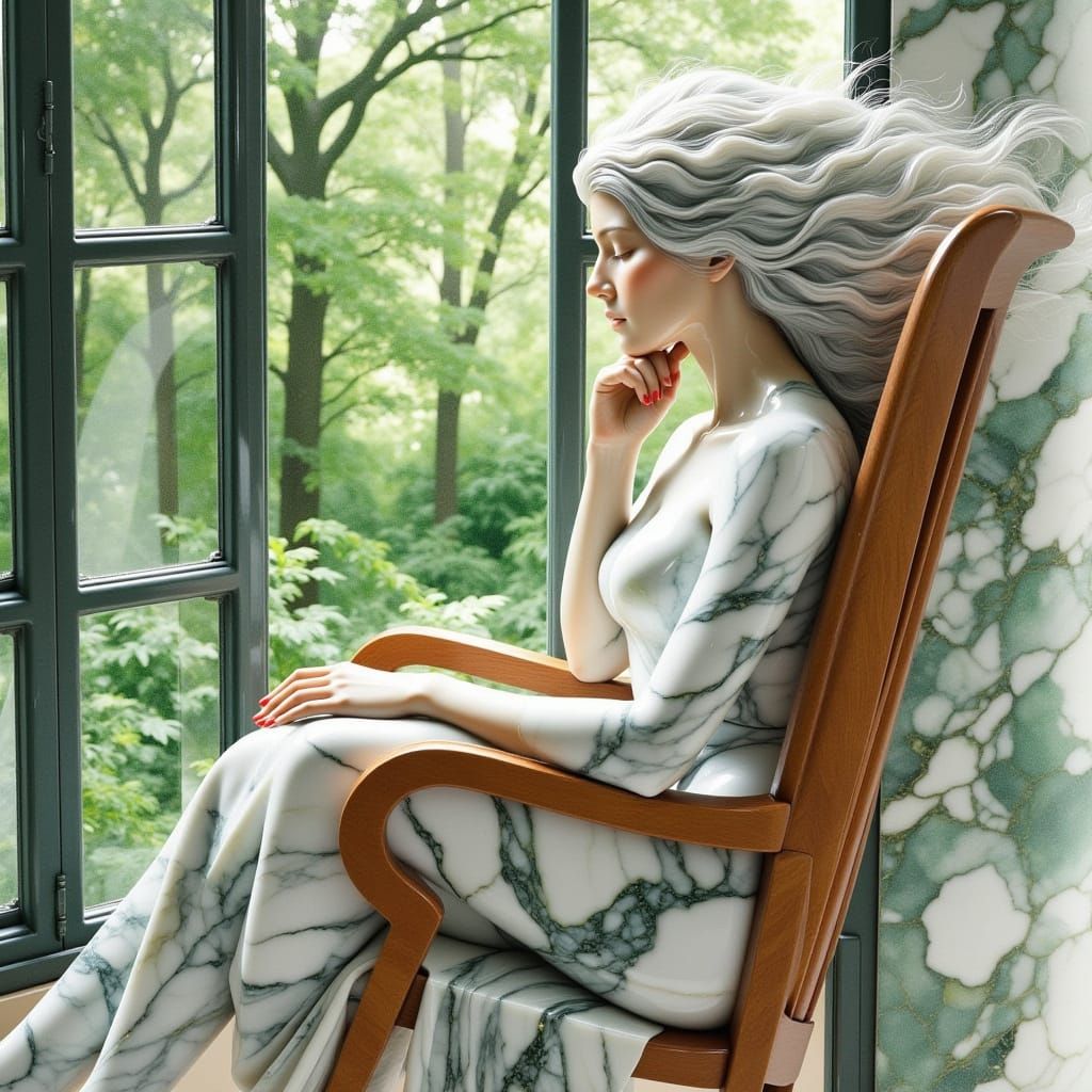Woman in Marble Chair in Watercolor Forest