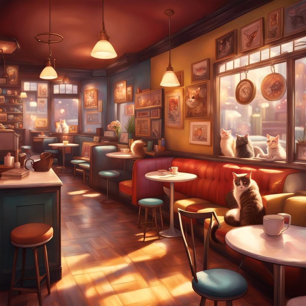 Cat Cafe in 50s Diner Style, Hyperrealistic Concept Art