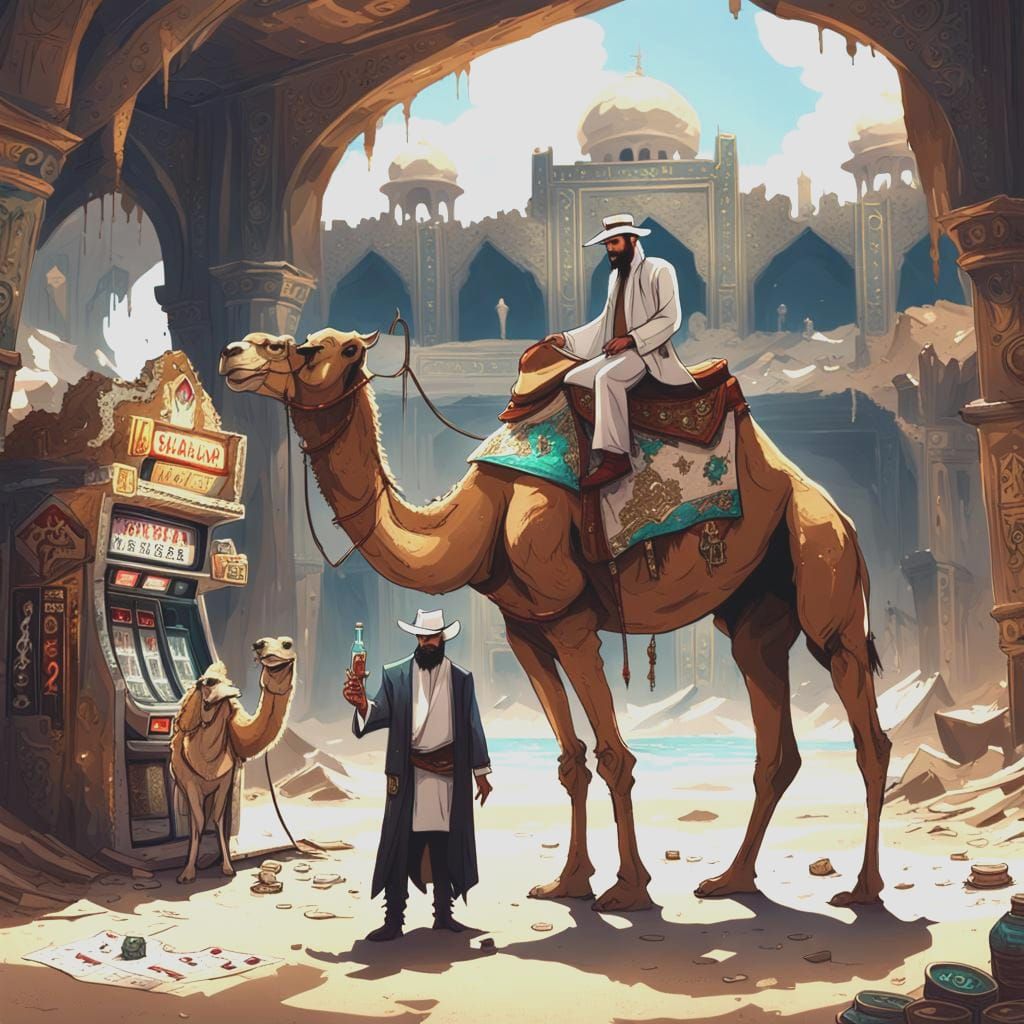 Camel, Cowboy, and Sheikh in Desert Casino Ruins
