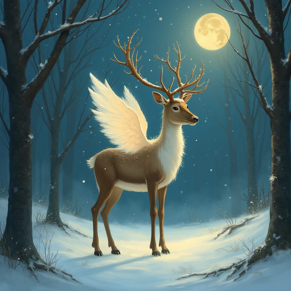 Winged Reindeer in Moonlit Forest: Dreamlike Illustration