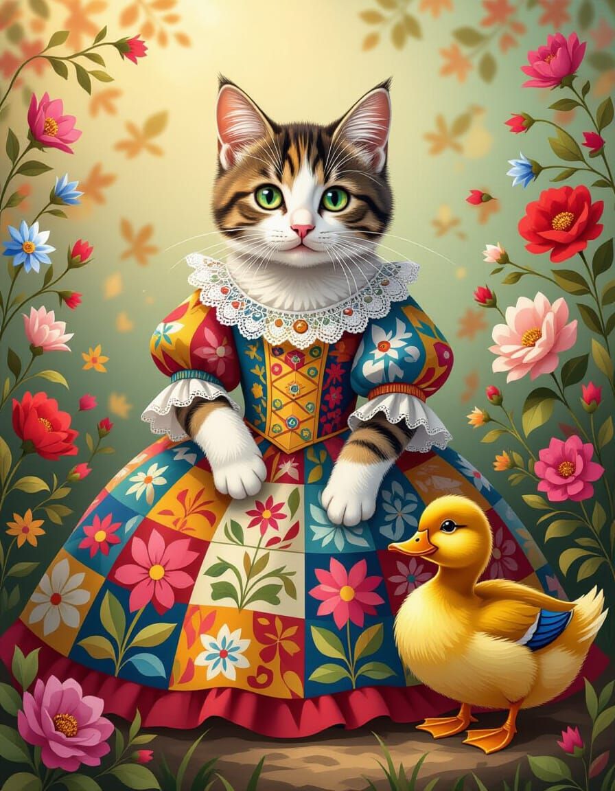 Patchwork Cat Portrait in Ornate Floral Dress