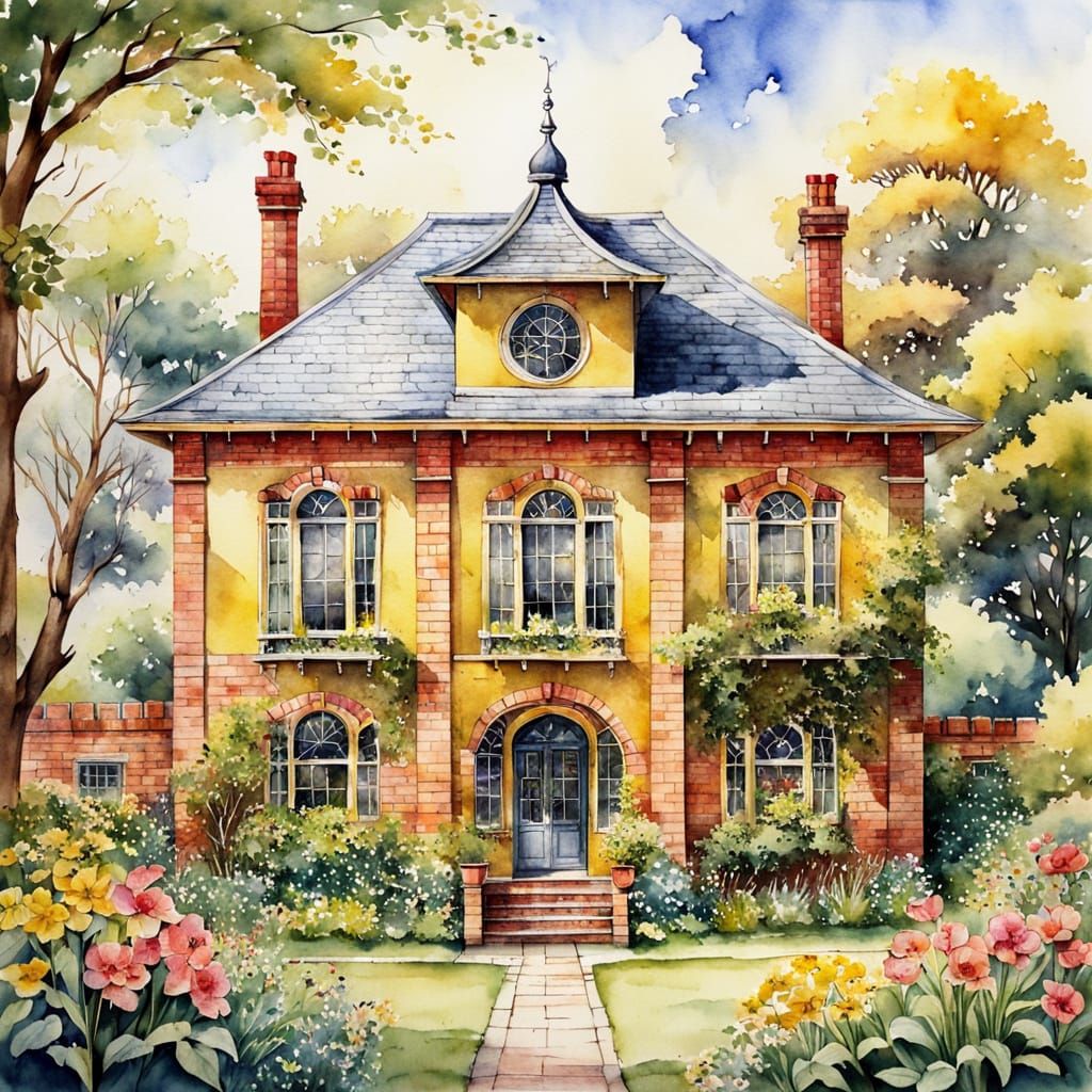 Vibrant Watercolour Schoolhouse in Quaint Garden