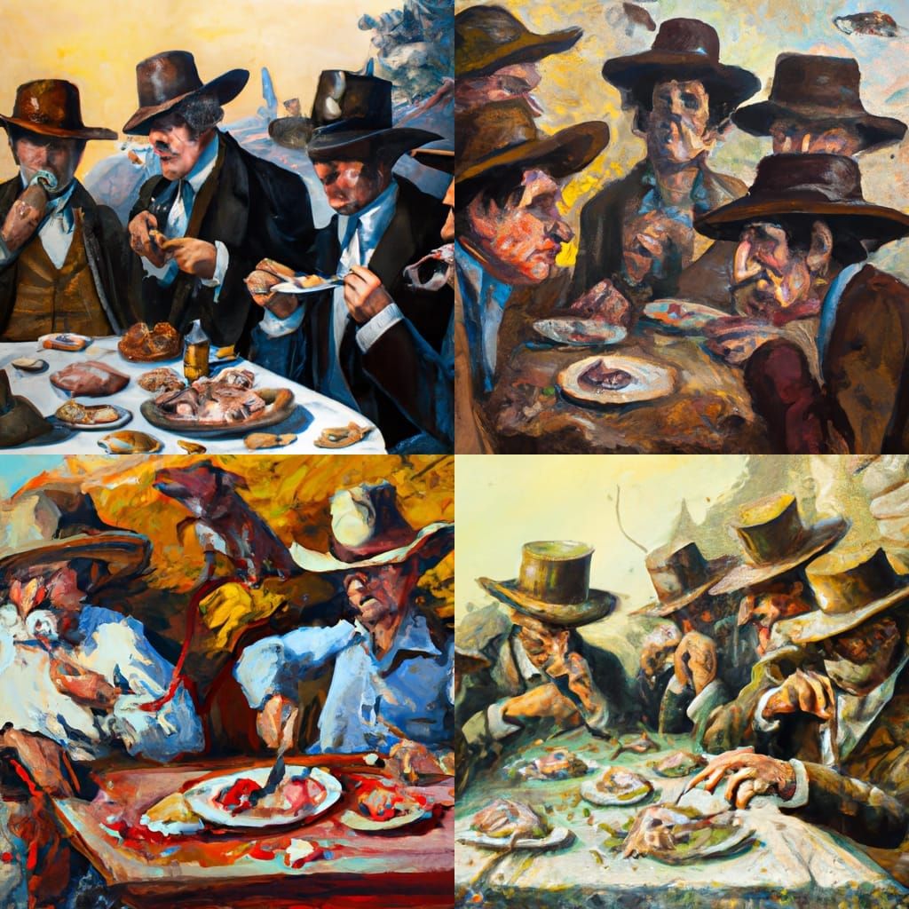 Hat Men at Decayed Dinner, Oil Painting