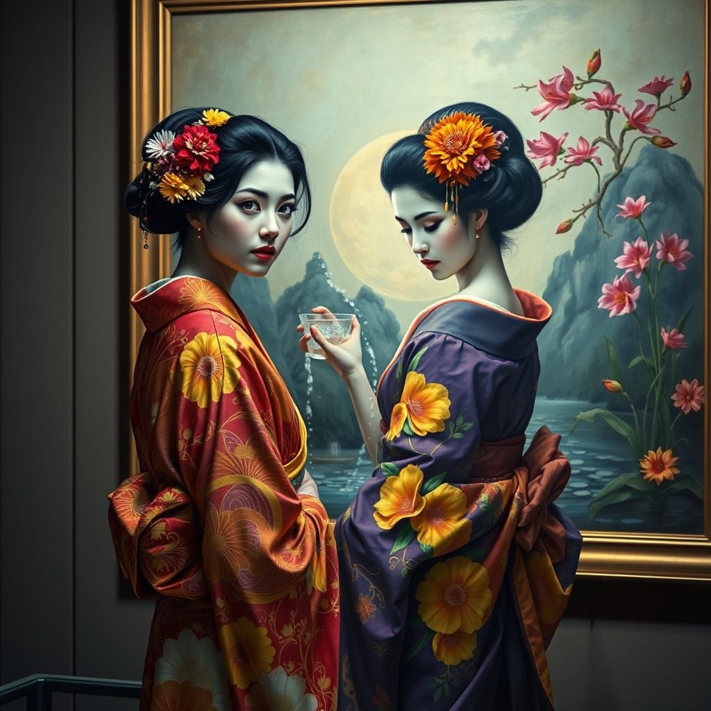 A stunning, hyper-detailed masterpiece featuring a beautiful geisha with black hair and striking blue eyes. She is adorn...
