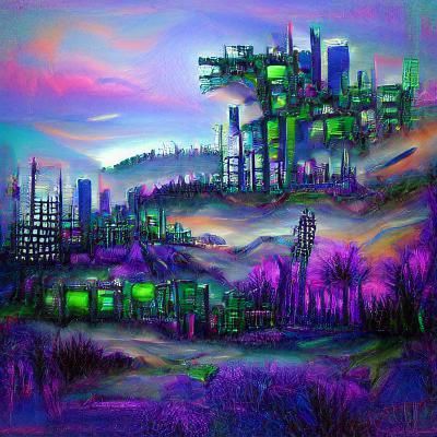 Cyberpunk Sunset Landscape with Holographic Elements