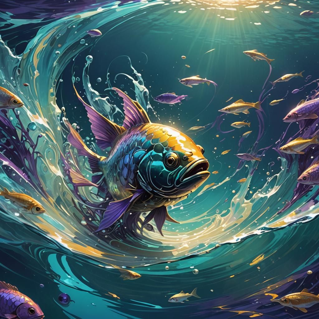 Fish Swallows Pearl in Dreamlike Sci-Fi Scene