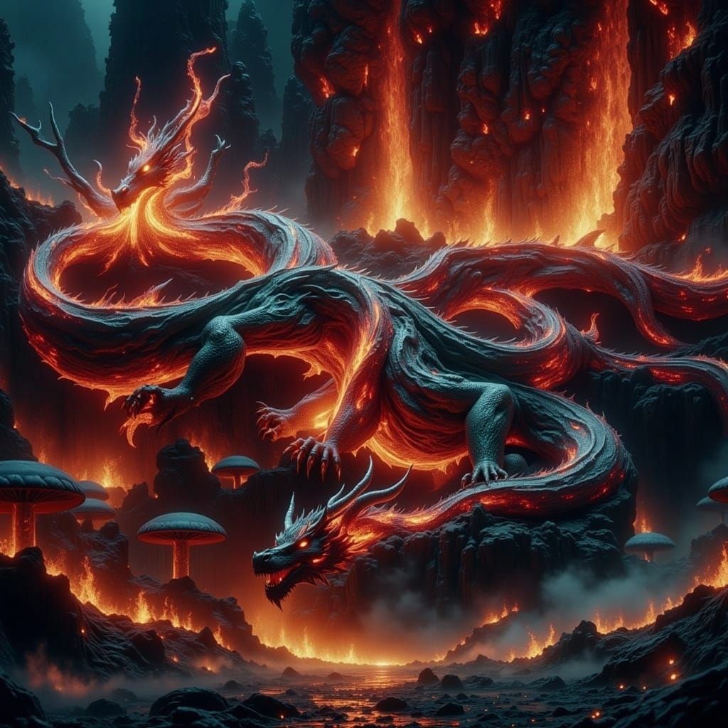 Mystical Flaming Dragon Slumbers Amidst Moonless Night