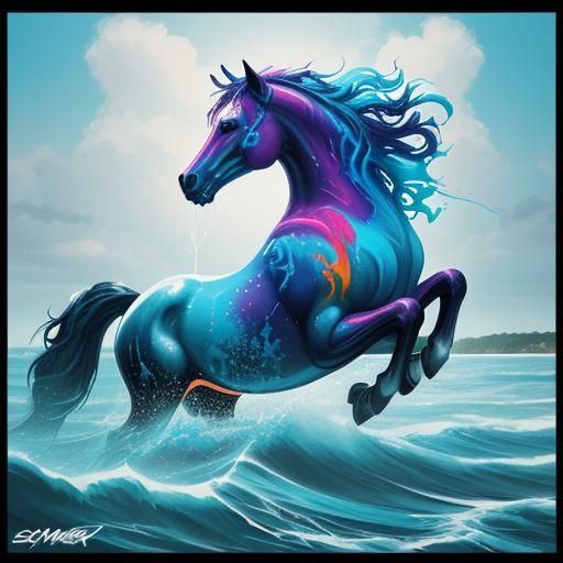 Horse in Ocean: Colorful Graffiti Street Art