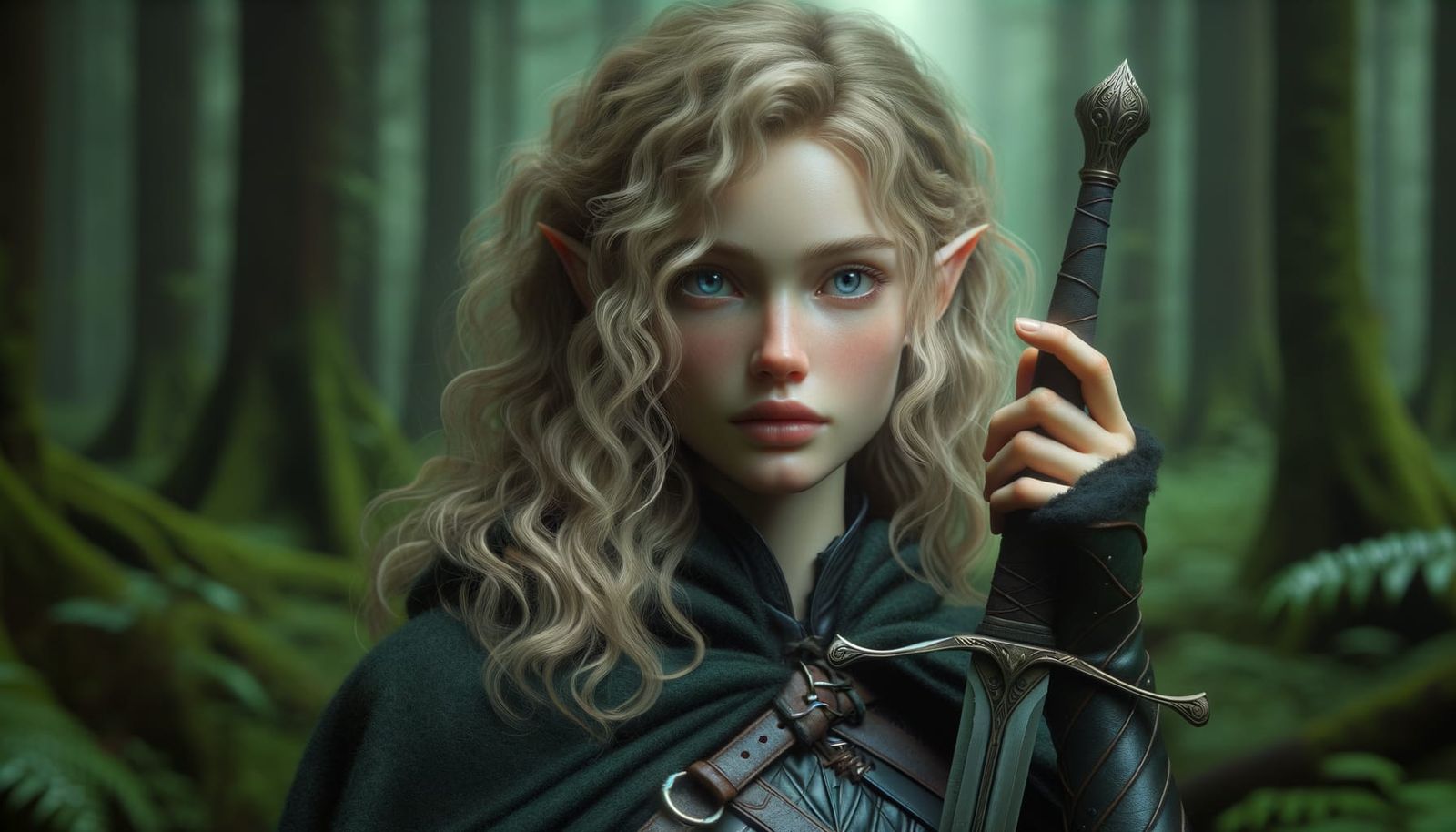 Half-Elven Ranger in Forest with Sword