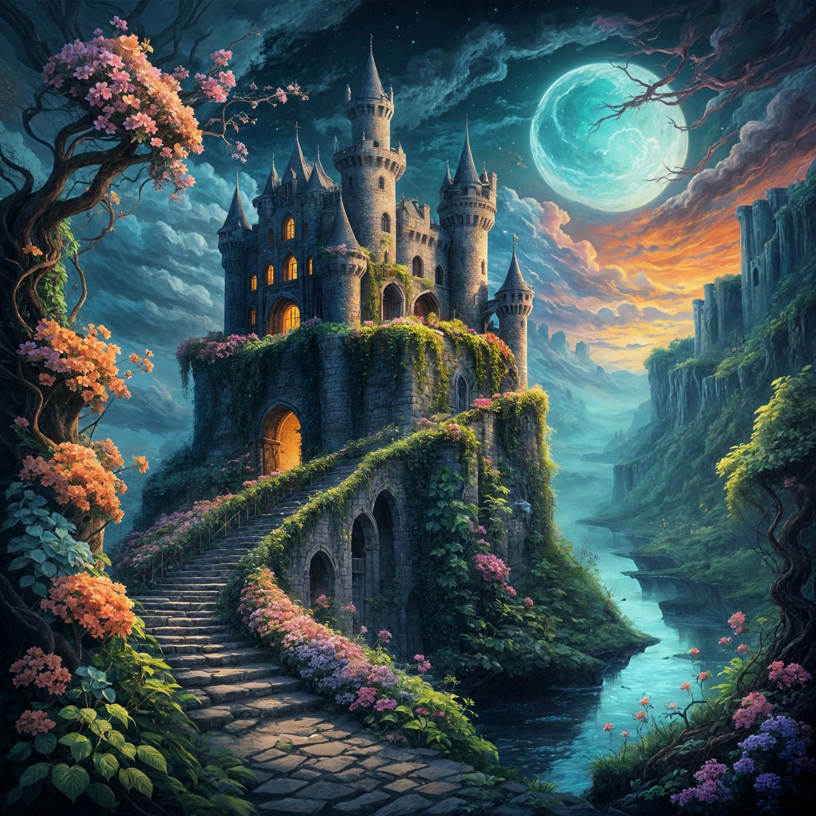 Abandoned Castle with Glowing Flowers at Night