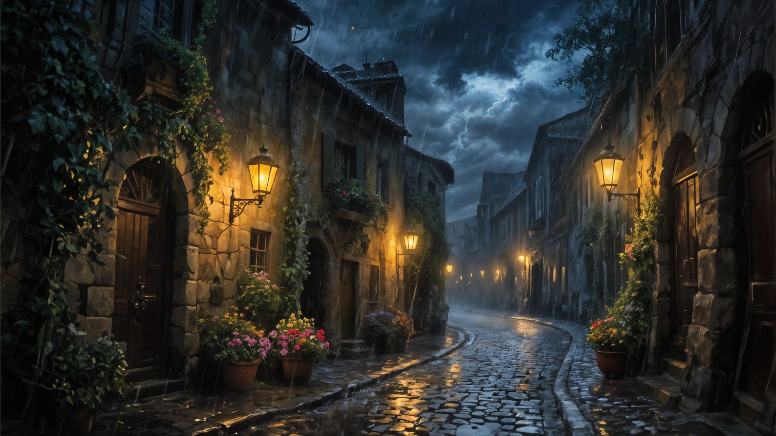 Old European Alleyway in Dramatic Night Rainstorm
