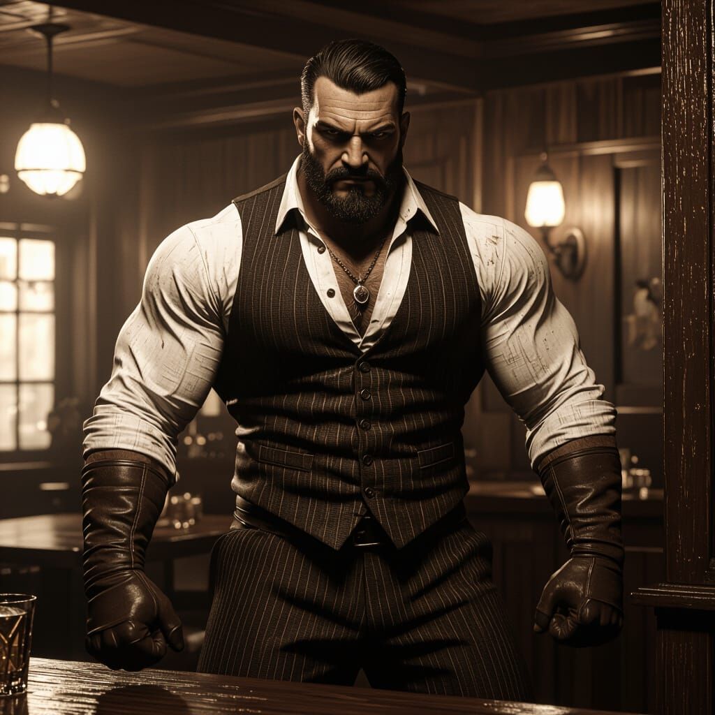 Sepia Warrior Mobster in 1920s Speakeasy