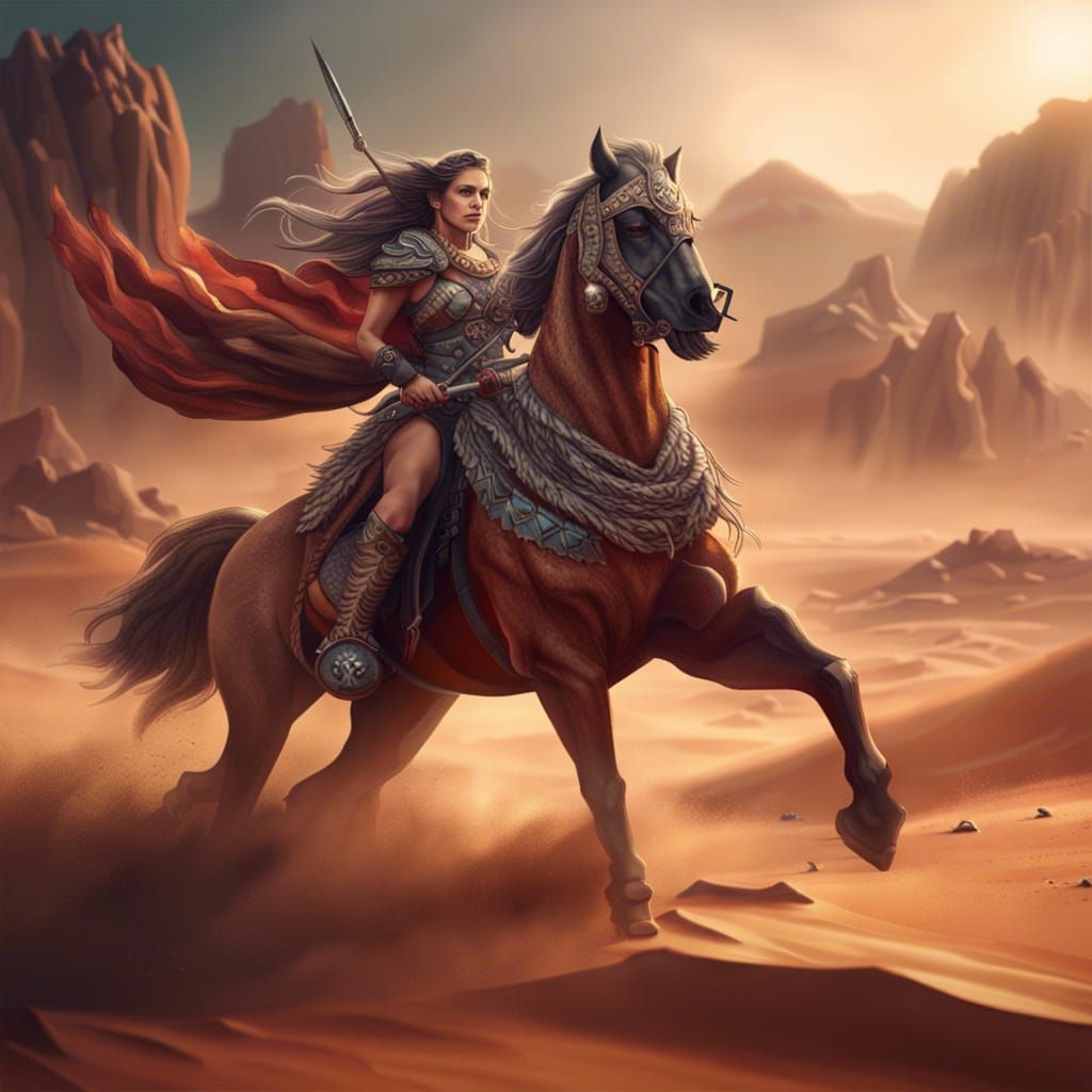 Female Barbarian on Horseback in Desert Landscape