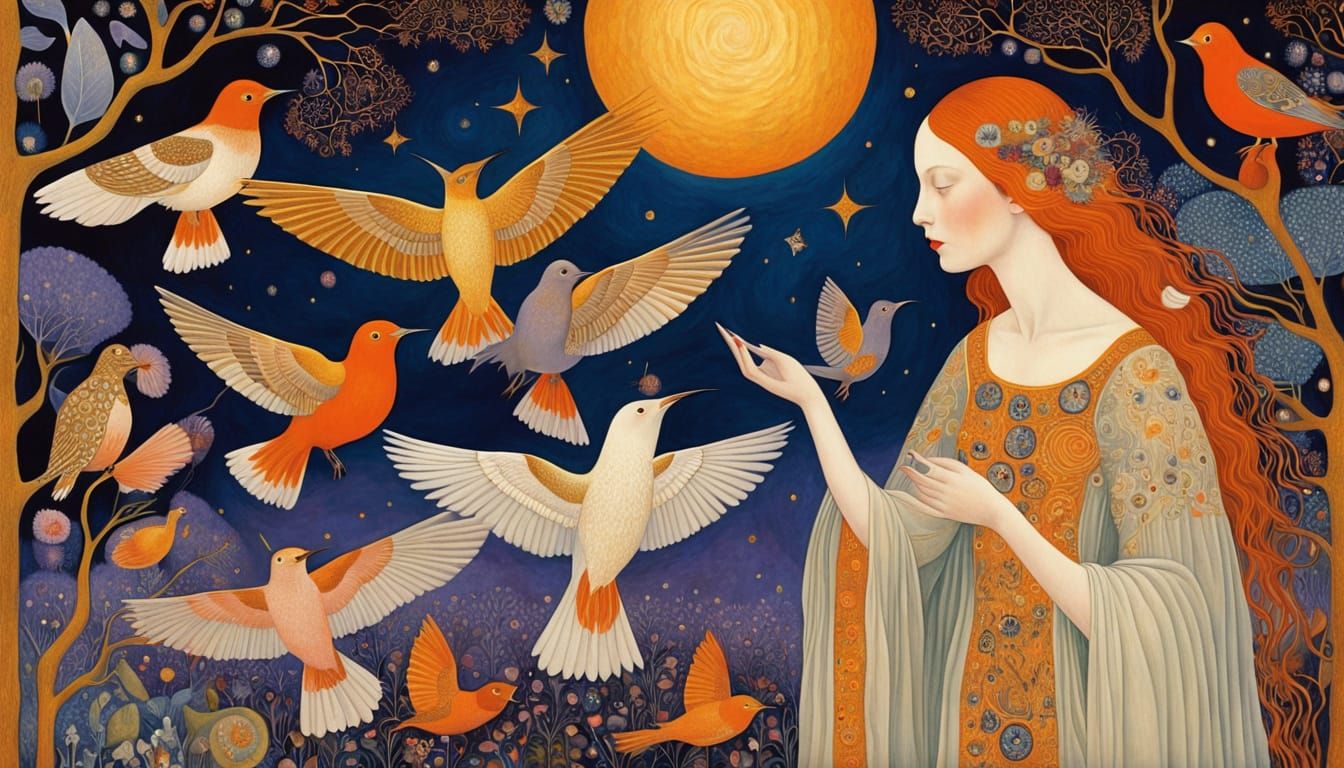 Ethereal Woman with Cosmic Birds in Surreal Style