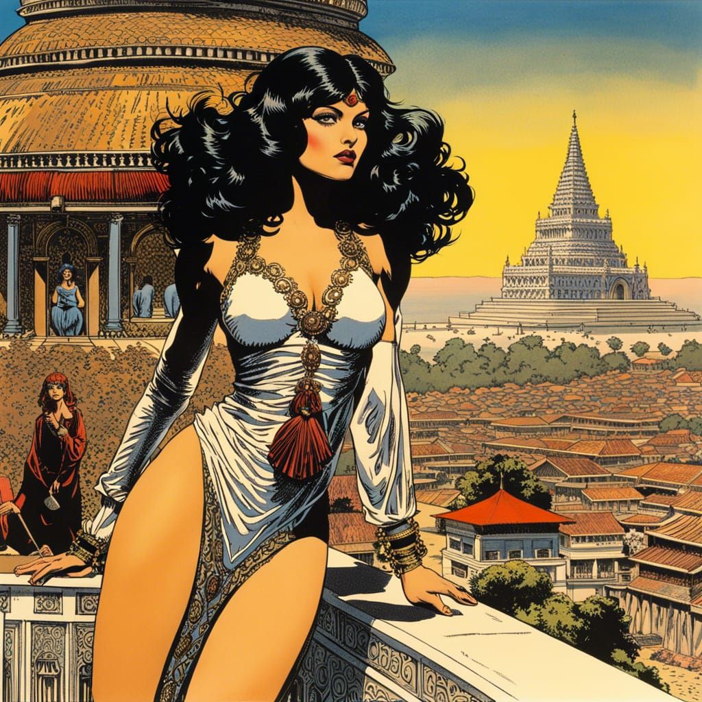 Exotic Dancer in Temple, Detailed Comic Art