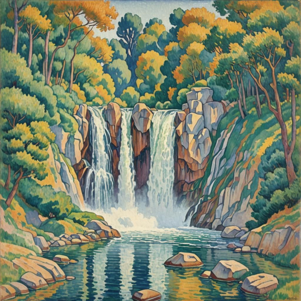 Waterfall in Pointillist Style