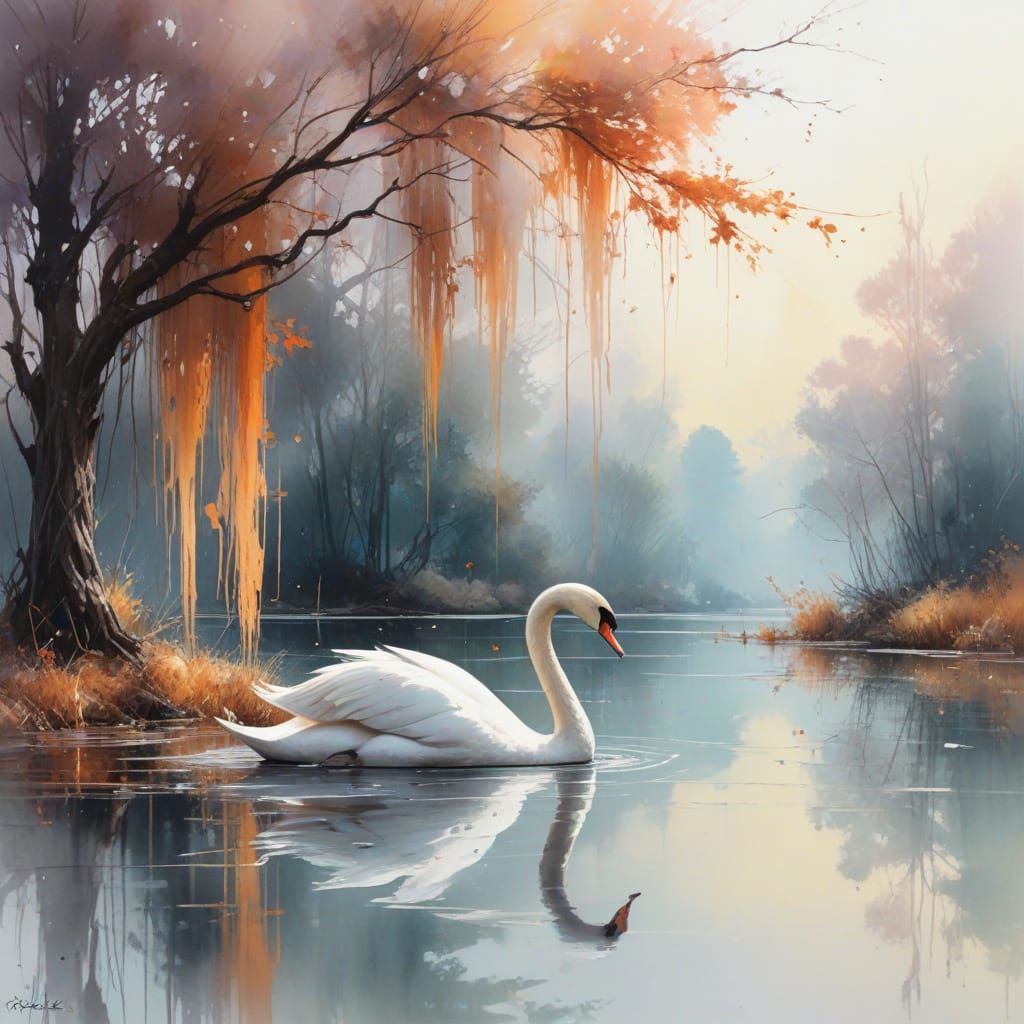 Tranquil Autumnal Waterscape with Elegant Swan