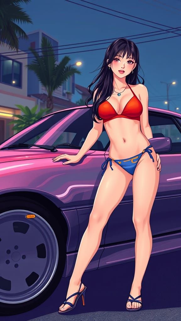 Anime Bikini Model with 90s Car, Cel-Shaded Style