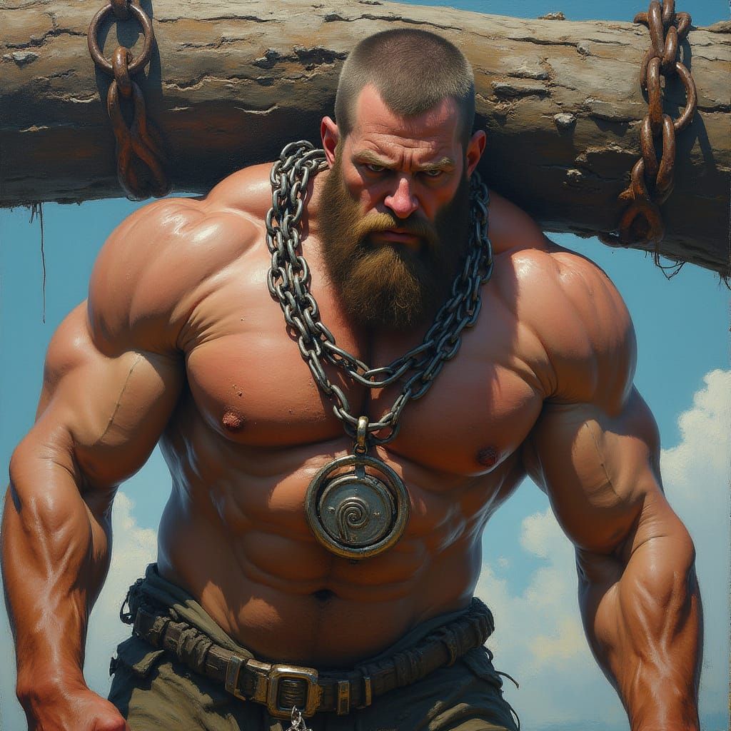 Titan Straining Under Log Pendant: Hyper-Realistic Impasto P...