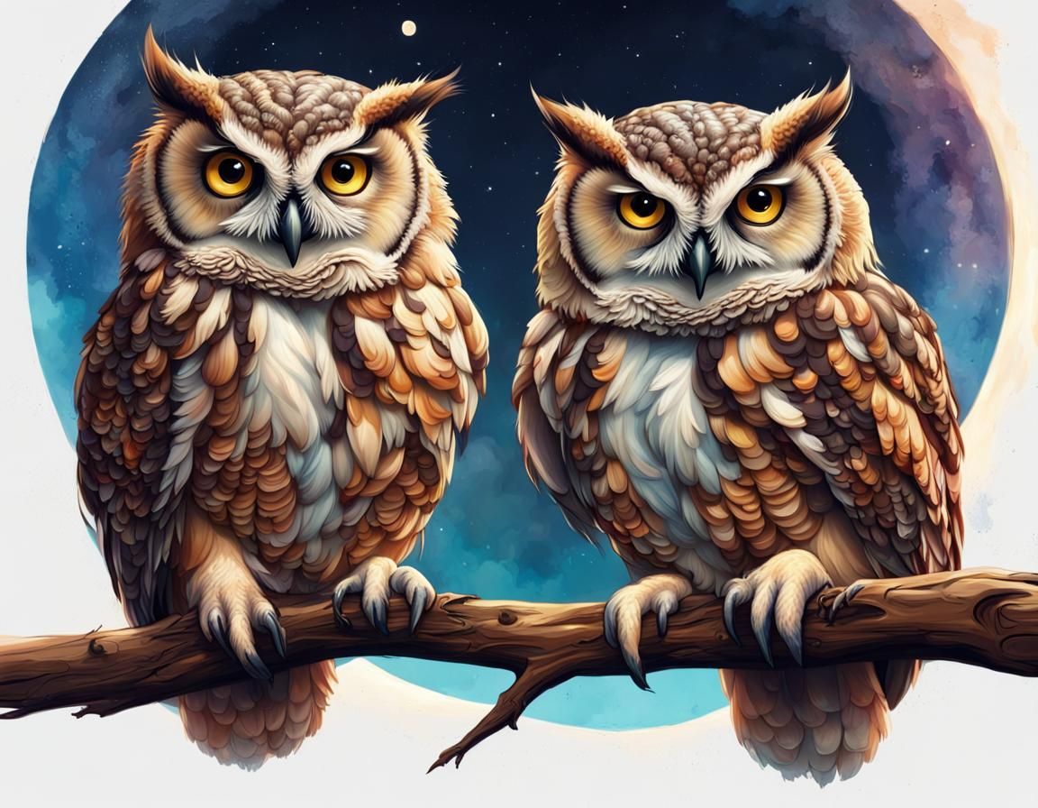 Two Fat Owls on Branch in Hyperrealistic Style