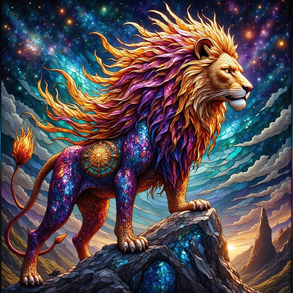 Stardust Lion on Crystalline Peak as Stained Glass Art