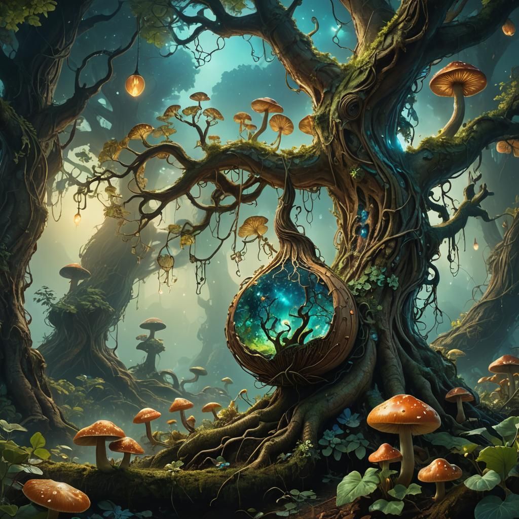 Mystical Gourd Art with Bioluminescent Mushrooms