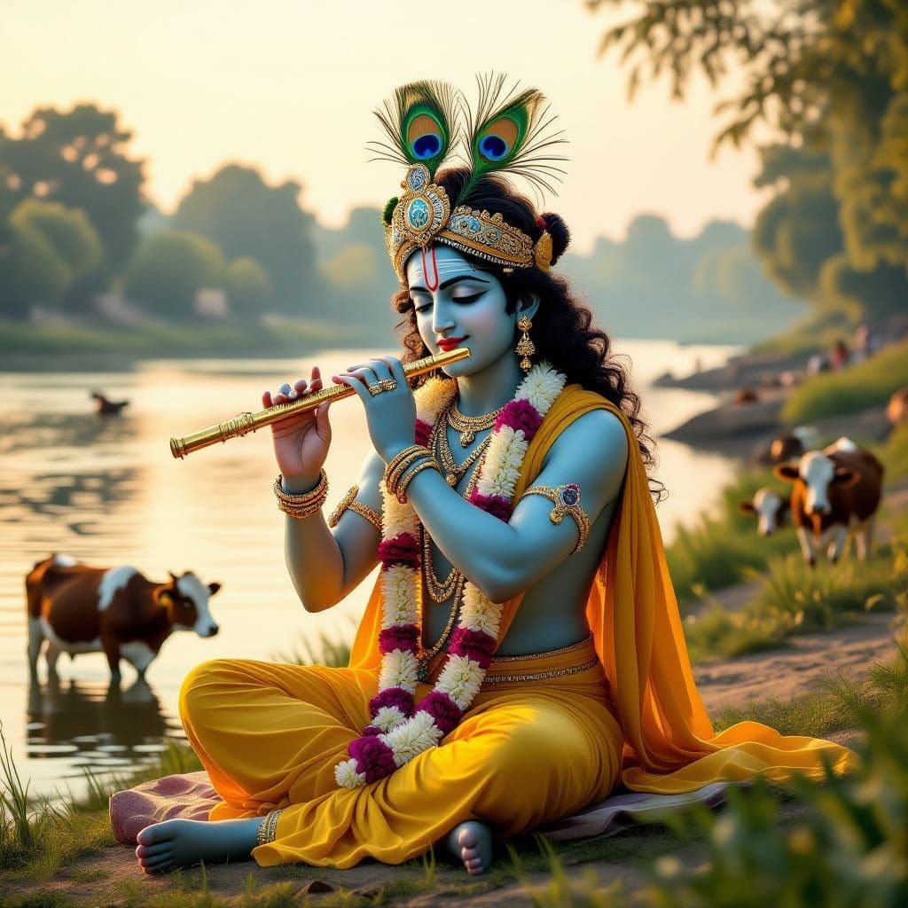 Lord Krishna Playing Flute by Yamuna River in Golden Light
