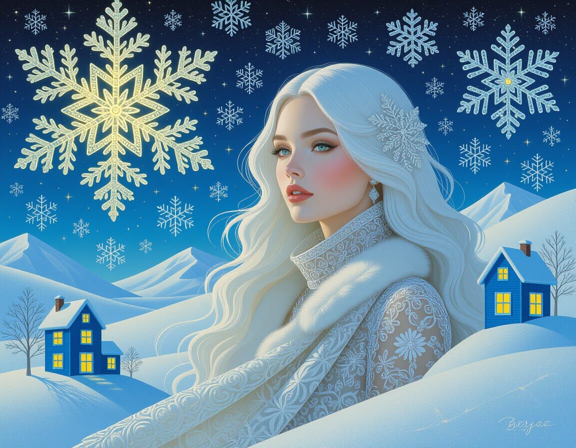 Surreal Landscape with Bioluminescent Snowflakes and Lady