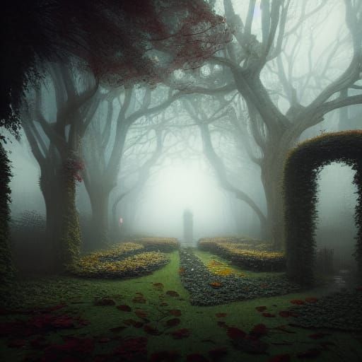 Foggy Garden Maze Entrance in Dark Fantasy Style