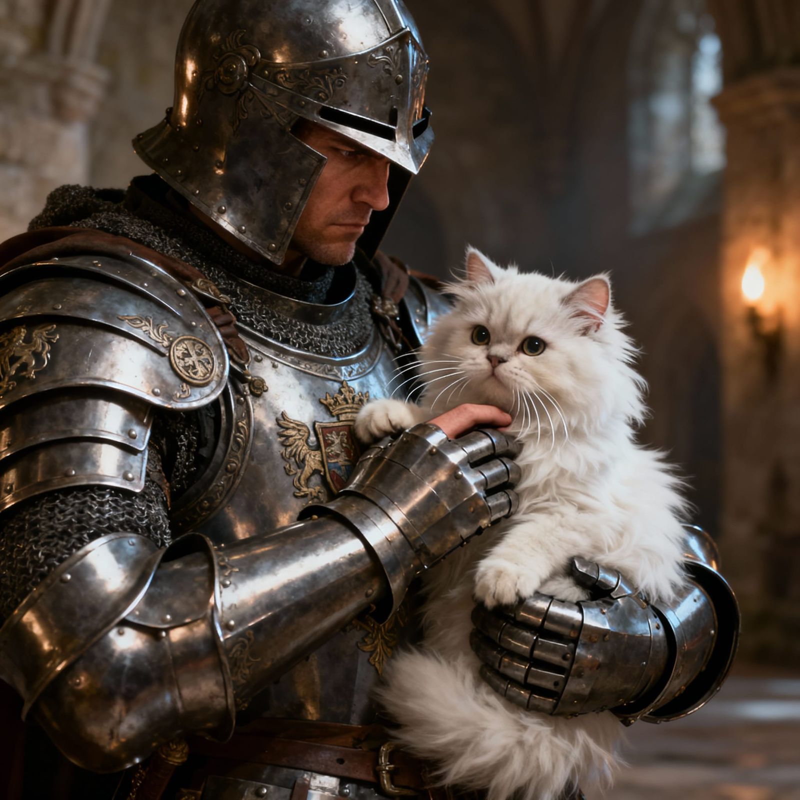 Knight Gently Holds Fluffy Kitten in Digital Masterpiece