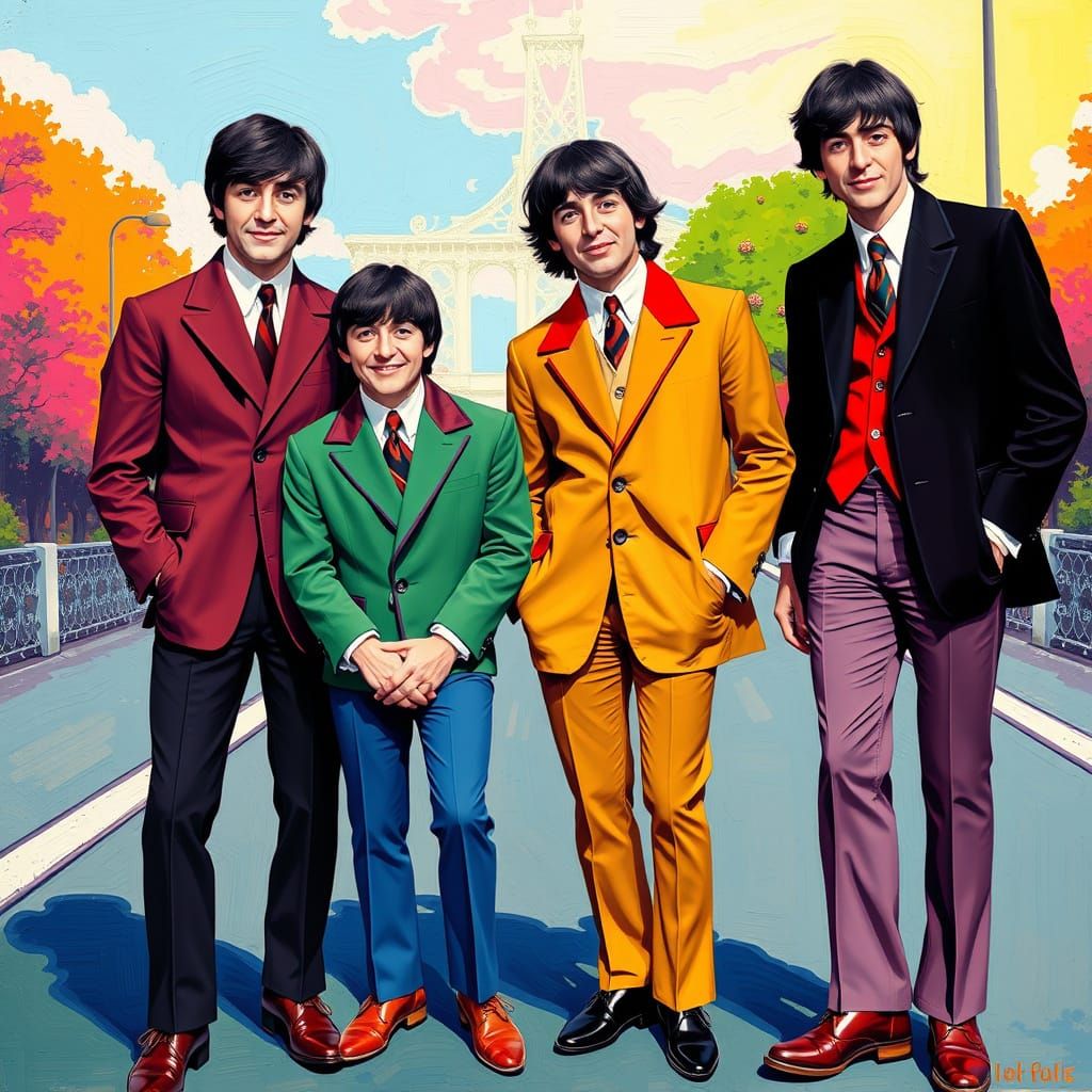 The Beatles in Psychedelic 1960s Art Style