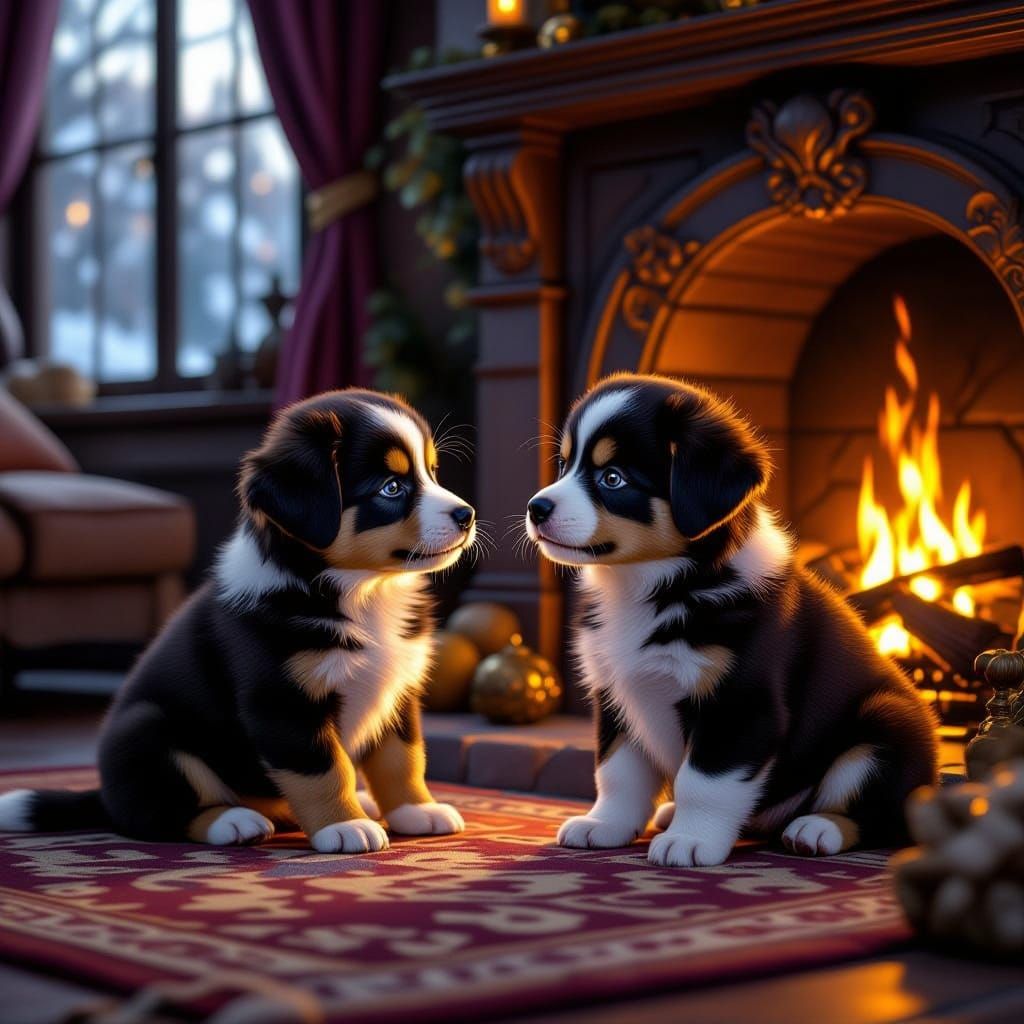 Puppies Playing by Fireplace: Dark Fantasy Concept Art