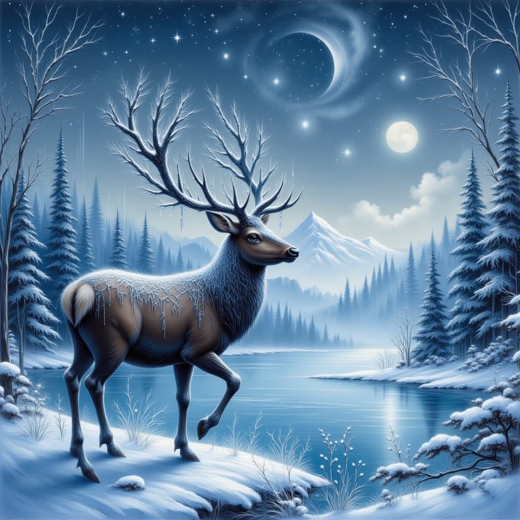 Majestic Elk on Frozen Lake in Twilight