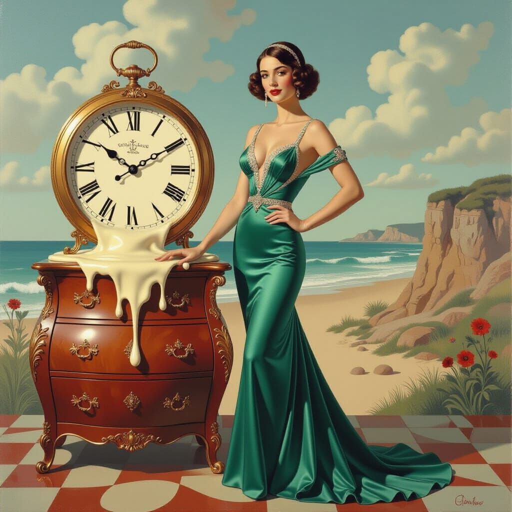 Art Deco Lady Beside Melting Clock, Surreal Style