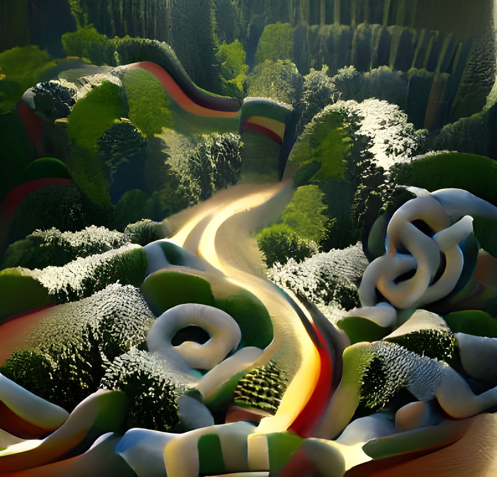 Winding Road Through Forest Maze in Orphist Style