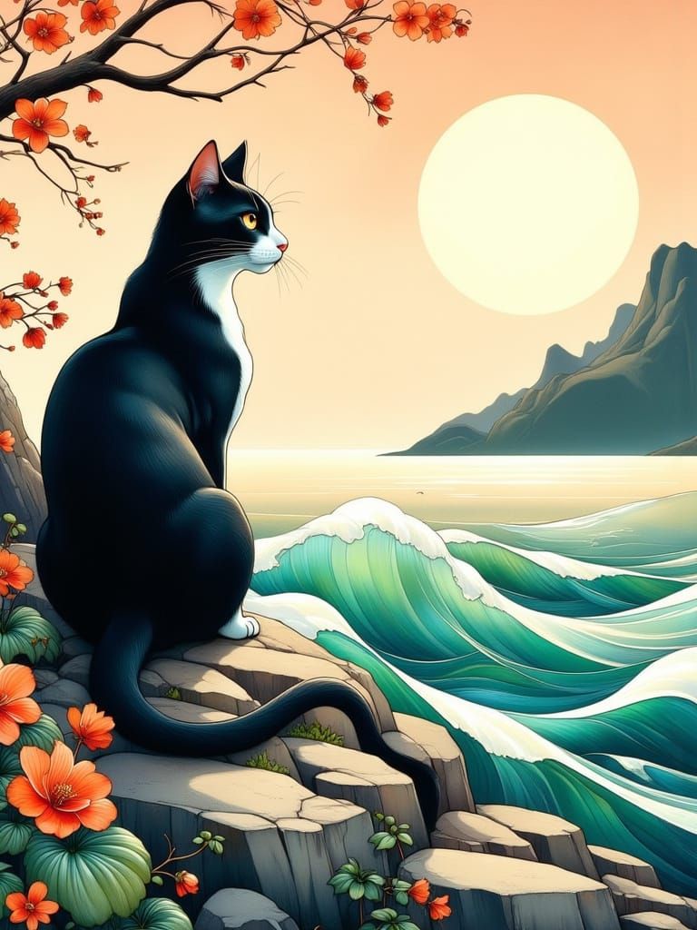 Sleek Black Cat Contemplates Japanese Landscape in Art Nouve...