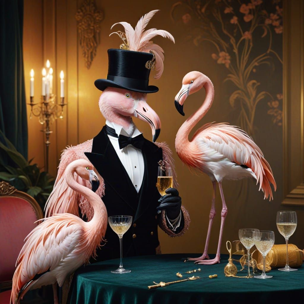 two flamingos having a champagne toast
